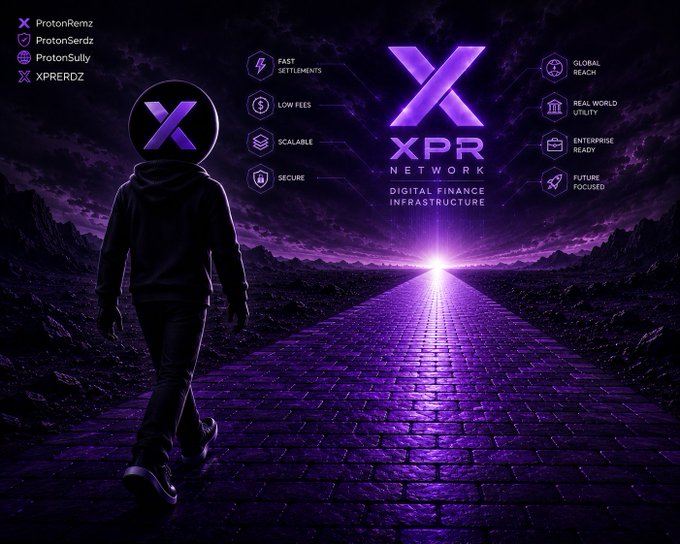 Dark purple promotional graphic for 'XPR Network' featuring a hooded figure walking toward a glowing horizon, highlighting features like Fast Settlements, Low Fees, Scalable, Secure, Global Reach, Real World Utility, Enterprise Ready, and Future Focused.