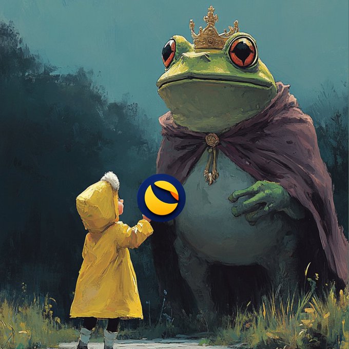 A child in a yellow raincoat offers the Terra Classic (LUNC) logo to a giant, crowned frog, symbolizing strength and resilience in the crypto market. This image visualizes the persistence of LUNC through market challenges.
