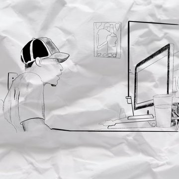 A sketch-style illustration depicts a man wearing a cap and headset sitting at a computer monitor, with a hand-drawn NFT art display visible on the wall behind him, matching the post's reference to browsing Tezos NFT collections like Jet Urban by @happymoonarts, Atlas by @Tatianaverse, Stav by @alinazim_b, and pieces from the @NFTpopupstudio collaboration with @Jamal_Mpd.