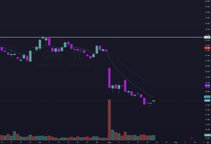 A candlestick chart of GameStop Corporation ($GME) shows a sharp price decline from around $22-23 down to approximately $18, accompanied by a notable volume spike in early August. The bearish price action with decreasing moving averages reinforces the poster's commentary about potentially adding more shares at lower levels.