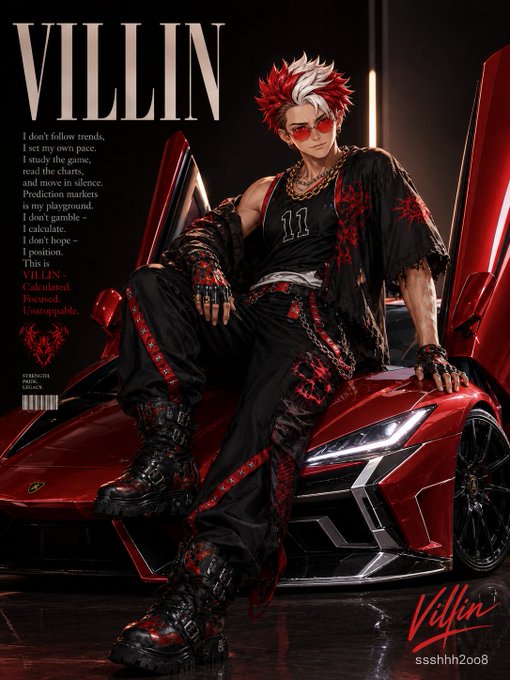An anime-style illustration titled "VILLIN" shows a character with red and white hair wearing black and red clothing, sitting on a red sports car, accompanied by the text "I don't follow trends, I set my own pace..."