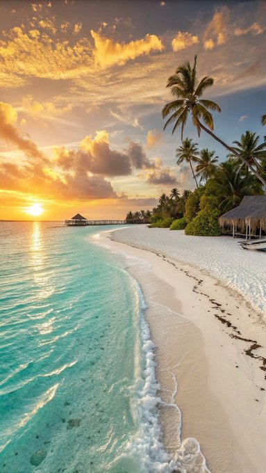 A tropical beach scene at sunset featuring turquoise waters, white sand, palm trees, and a thatched-roof structure on the right side.