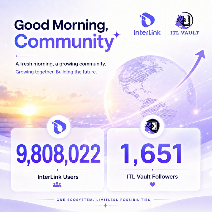 The image is a "Good Morning, Community" graphic from InterLink and ITL Vault, celebrating their growing community with 9,808,022 InterLink Users and 1,651 ITL Vault Followers, accompanied by the tagline "One Ecosystem. Limitless Possibilities." The impressive user count directly supports the post's highlight of InterLink nearing the 10 million member milestone within its first year, visually reinforcing the platform's rapid global expansion.