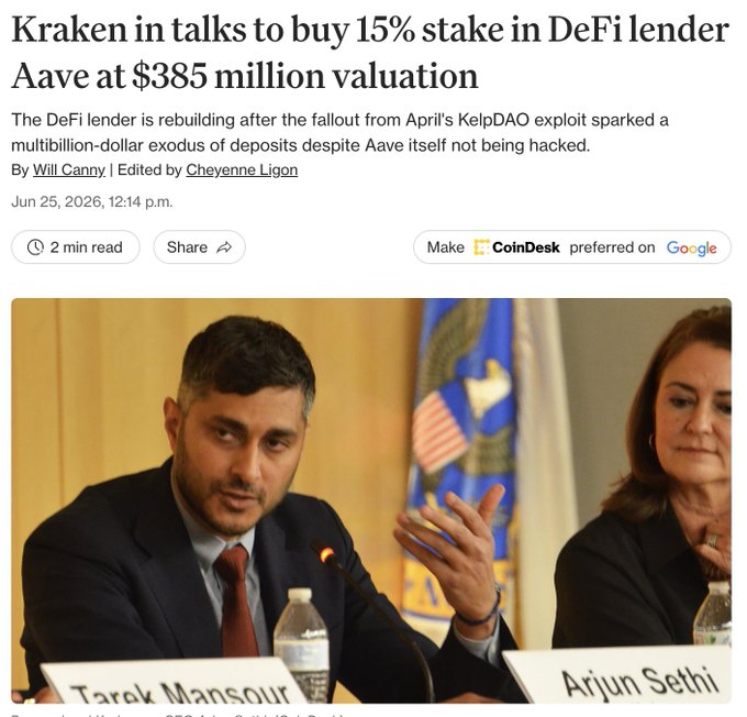 A CoinDesk article headline reports "Kraken in talks to buy 15% stake in DeFi lender Aave at $385 million valuation," dated June 25, 2026, bylined by Will Canney and edited by Cheyenne Ligon. The accompanying photo shows Tarek Mansour (CEO of KelpDAO) gesturing while seated next to Arjun Sethi at what appears to be a government or SEC panel, illustrating the tension highlighted in the post between Aave's relatively modest $385M corporate valuation versus the larger $1.25B implied valuation of its AAVE token.