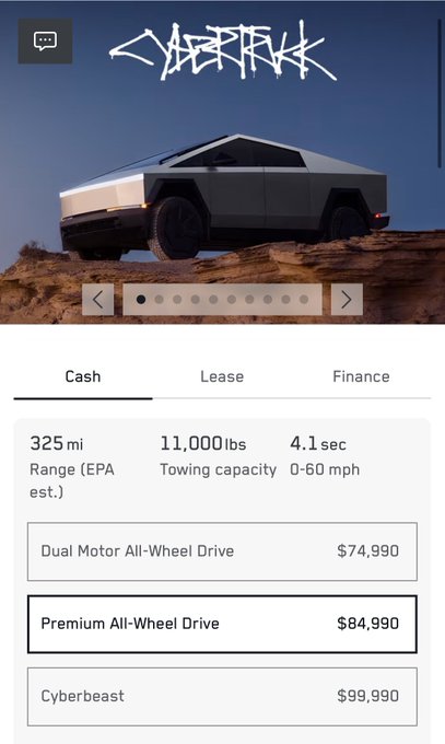 A screenshot of the Cybertruck configurator shows prices starting at $74,990 for Dual Motor AWD, $84,990 for Premium AWD, and $99,990 for the Cyberbeast, with the post speculating possible reasons for the price increase.