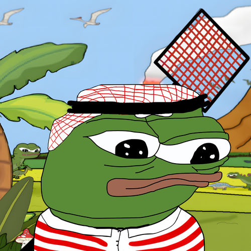 A Pepe the Frog cartoon character with a fly swatter perched on its head, set against a tropical background with palm trees and other small frogs.