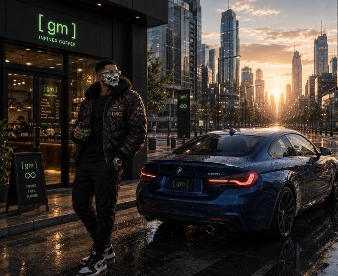 A stylish man in a patterned jacket and face mask stands beside a dark BMW 430i at 'INFENEX COFFEE' on a wet city street, with a sign reading 'FOCUS. FUEL. FUTURE.'