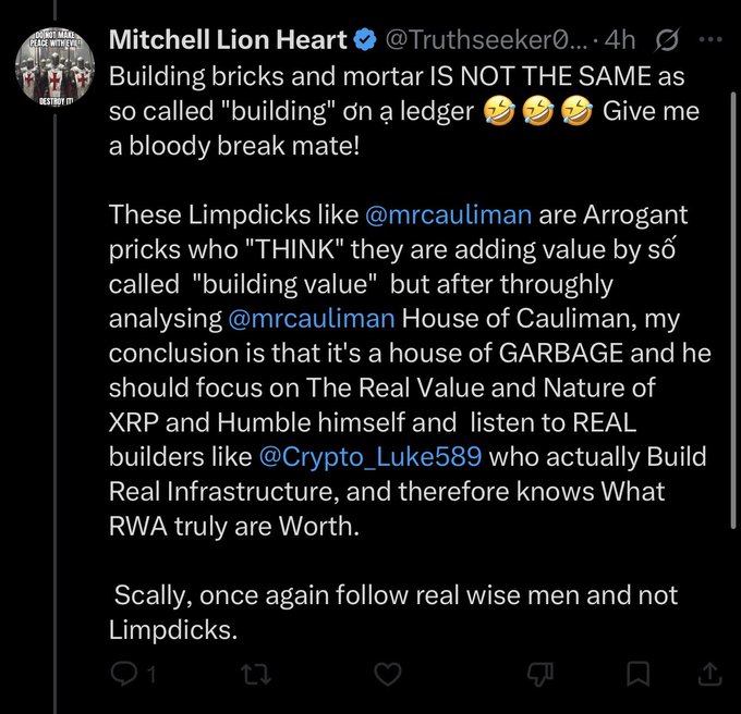 This image shows a tweet by "Mitchell Lion Heart" criticizing "@mrcauliman" and others for their definition of "building" on a ledger, while endorsing "@Crypto_Luke589" and "Real Infrastructure" on XRP. The post's reference to an "INFLUENCER AUDIT" and criticism of someone "talking shit about me" directly relates to this content.