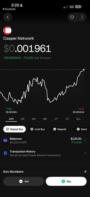 A mobile crypto trading app shows the price of 'Casper Network' (CSPR) at $0.001961, with a 5.33% gain over the last 24 hours and a balance of $125.81.