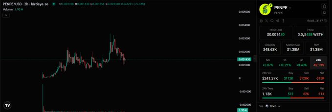 A cryptocurrency trading chart for PEPE/USDT on the Birdeye platform showing a price of $0.001430 with a market cap of $1.38M and 24-hour trading volume of $241.37K, displaying significant price volatility.