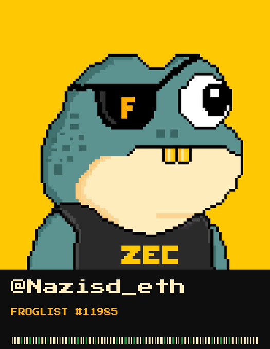 A pixel art illustration of a frog wearing an eyepatch with an 'F' and a vest labeled 'ZEC', with the text '@Nazisd_eth' and 'FROGLIST #11985' displayed at the bottom.