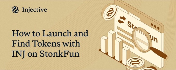 A blog header graphic for Injective titled 'How to Launch and Find Tokens with INJ on StonkFun,' featuring an illustration of a magnifying glass over a stock chart interface.