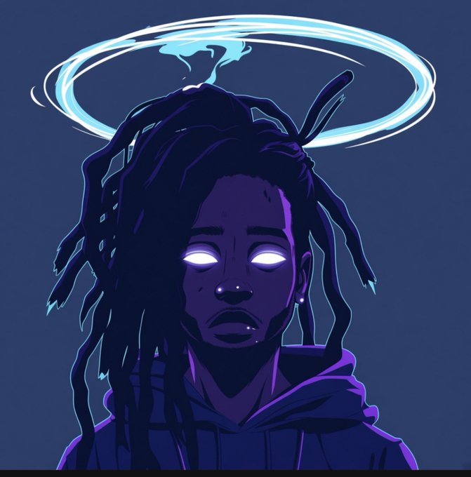 A stylized digital illustration of a person with dreadlocks, glowing white eyes, and a glowing blue halo with a bird symbol floating above their head against a dark blue background.