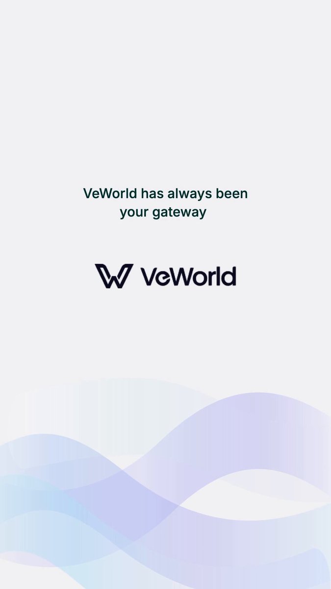 The image features a white background with blue and purple swirls that create an abstract pattern. The text "VeWorld has always been your gateway" is written above the swirls, while the phrase "VeWorld is the gateway into the VeChain and VeBetter ecosystems." is below it. The post also mentions an AgentSuite waitlist and an AI agentic future.