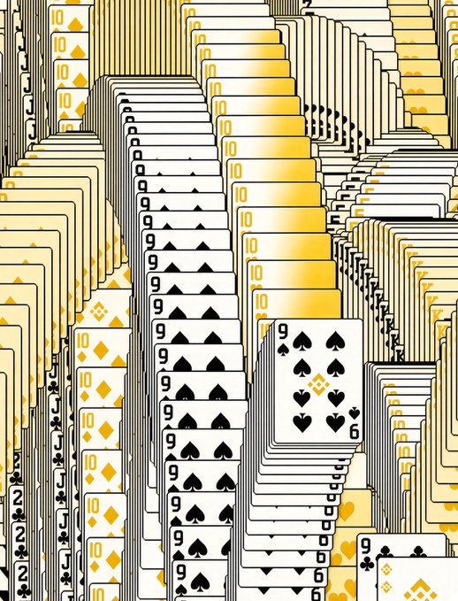 A digital illustration showing rows and rows of playing cards, with the 9 of spades prominently displayed in the foreground among numerous 10s and 9s of various suits.