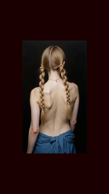 A woman with blonde braided pigtails stands with her back to the viewer, draped in a teal garment against a dark background. The artwork captures an intimate, classical beauty that aligns with the NFT collection referenced in the post, celebrating a meaningful sale to a longtime collector.