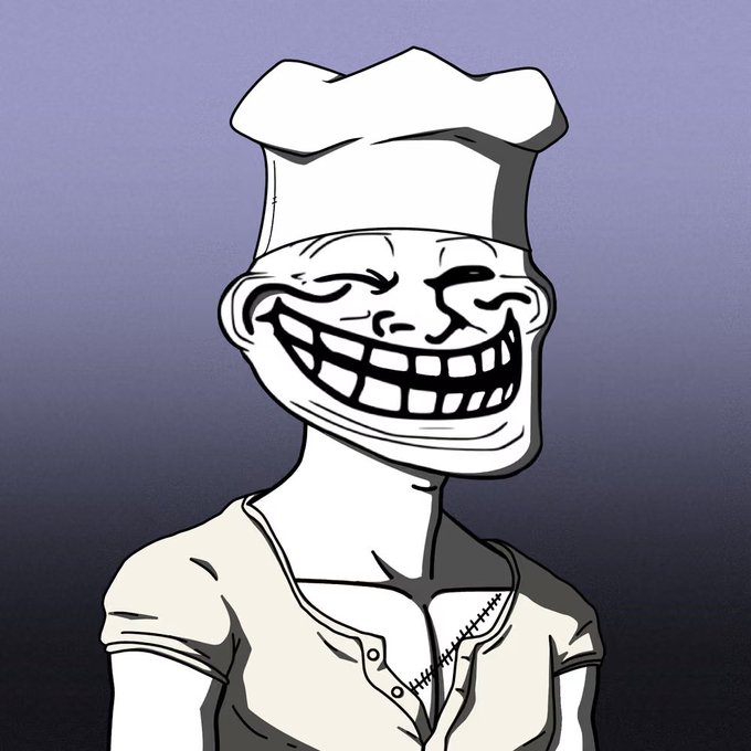 A black-and-white cartoon illustration of a smirking chef character with a wide, toothy grin and a stitched-up apron, famously known as the 'Troll Chef' or 'Korean chef' meme.