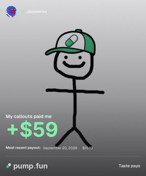 A Pump.fun rewards screenshot for user 'Jaspeeroo' showing earnings of +$59 from callouts, with a stick figure drawing wearing a green and white pill-themed cap.