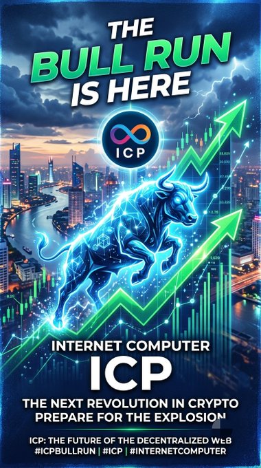 A promotional crypto poster titled 'THE BULL RUN IS HERE' for Internet Computer (ICP) token, featuring a glowing bull and cityscape, with hashtags #ICPBULLRUN and #INTERNETCOMPUTER.