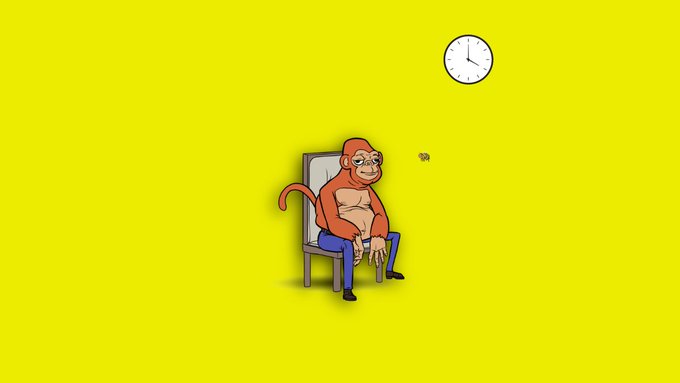 A bored-looking cartoon monkey sits slumped in a chair against a bright yellow background, with a small fly buzzing nearby and a wall clock showing roughly 3:00, visually reinforcing the post's message about patiently waiting years for $ALGO to pay off.