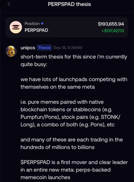 A Telegram chat screenshot shows a discussion about a "PERPSPAD thesis", with a message from user "unipcs" arguing that perps-backed memecoin launches are a new meta.