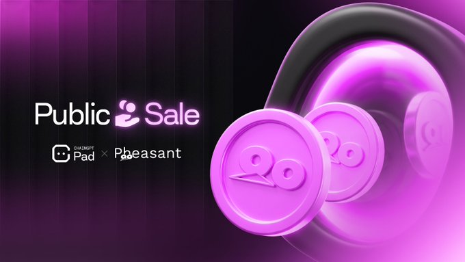 A vibrant purple promotional banner announces the "$PNT Public Sale" on ChainGPT Pad in collaboration with Pheasant, featuring 3D-rendered purple coins branded with the PNt logo alongside large headphones, visually representing the AI-powered audio/DeFi Super App collaboration for the cross-chain intents platform's token launch.