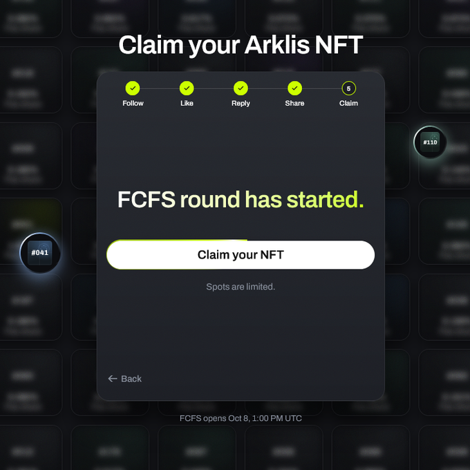 A digital interface titled 'Claim your Arklis NFT' displays a completed checklist of Follow, Like, Reply, Share, and Claim steps, announcing 'FCFS round has started' with a button to 'Claim your NFT' and a note 'Spots are limited.'