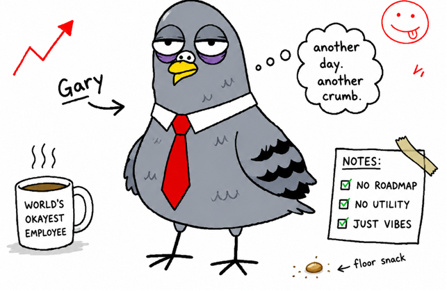 A cartoon illustration of a tired-looking pigeon labeled 'Gary' wearing a red tie and white shirt, with a thought bubble saying 'another day, another crumb.', next to a coffee mug reading 'WORLD'S OKAYEST EMPLOYEE' and sticky notes listing 'NO ROADMAP', 'NO UTILITY', 'JUST VIBES'.
