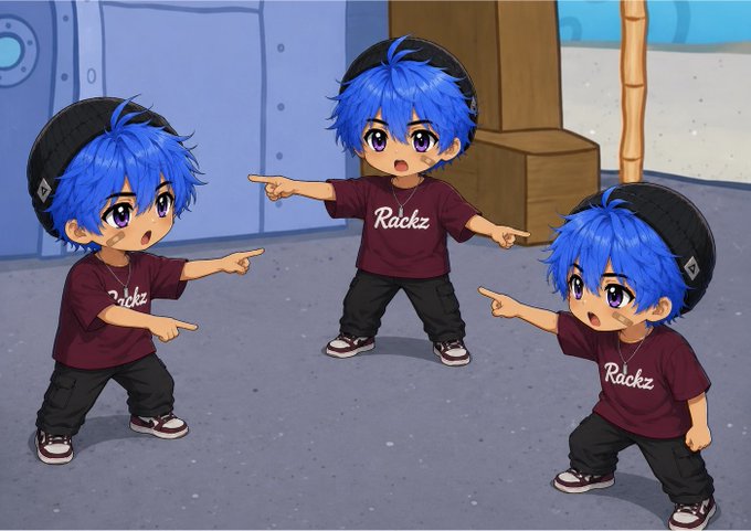 Three chibi-style characters with bright blue hair, beanies, and "Rackz" shirts all point at each other in a circle, humorously illustrating the post's theme of FOMO-driven crypto behavior—where traders mindlessly copy one another's moves in a never-ending cycle.
