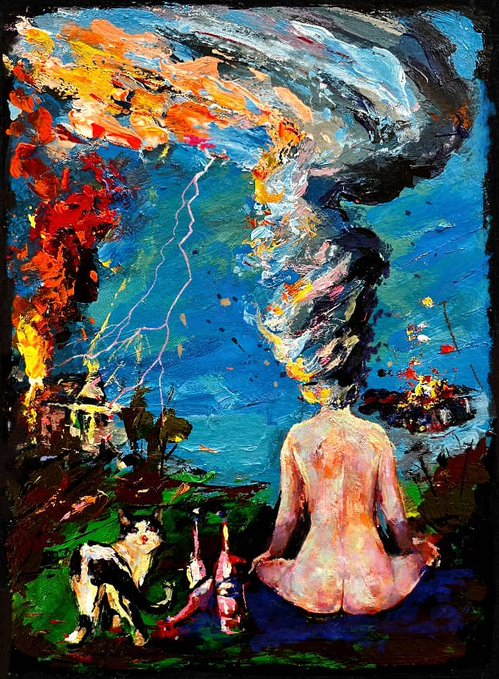 A colorful, expressionistic painting depicts a nude figure from behind, sitting cross-legged with a tornado-like swirl emerging from their head, while another smaller figure sits nearby on the ground amid a dramatic landscape with lightning and fire.