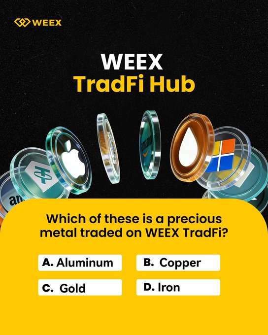 A promotional graphic for "WEEX TradFi Hub" features floating icons of stocks, oil, and currencies, posing the question "Which of these is a precious metal traded on WEEX TradFi?" with multiple-choice answers: A. Aluminum, B. Copper, C. Gold, and D. Iron.

The image relates to the post "Can you guess the answer?" by presenting an interactive quiz asking viewers to identify the precious metal—Gold (option C)—from a list of base and industrial metals.