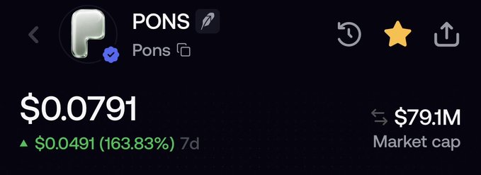A crypto price tracker shows the PONS token priced at $0.0791, up 163.83% over 7 days, with a market cap of $79.1M.