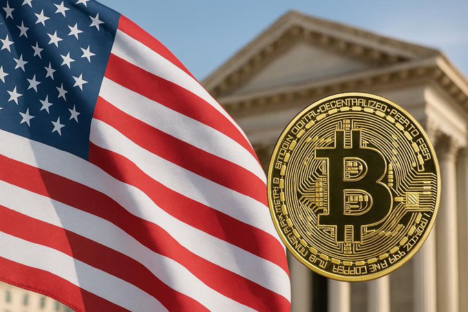 A composite image showing the American flag alongside a gold Bitcoin coin with a classical government building in the background.
