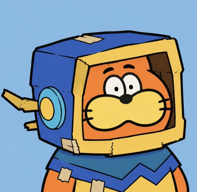 A cartoon character with a cat-like face wearing a blue cardboard box costume with a key inserted on the side, set against a light blue background.