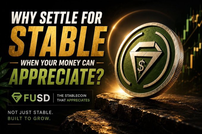 A promotional graphic for the stablecoin token FUSD features a large gold and green coin embossed with a dollar sign and geometric logo, set against a dramatic rocky landscape with green candlestick charts in the background. Bold text reads "WHY SETTLE FOR STABLE WHEN YOUR MONEY CAN APPRECIATE?" alongside the tagline "FUSD — THE STABLECOIN THAT APPRECIATES" and "NOT JUST STABLE. BUILT TO GROW," visually reinforcing the post's message that FUSD offers growth potential beyond traditional stablecoin stability.