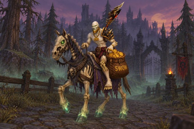A fantasy illustration of a skeletal undead figure with a glowing sword riding a skeletal horse carrying a sack of gold labeled '$WOW'.