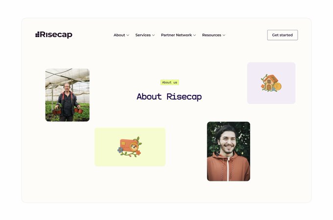 The 'About' page of a website called 'Risecap', showing photos of people holding baskets in a greenhouse.