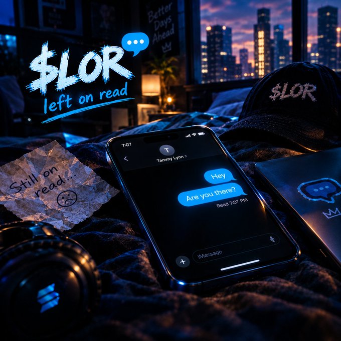 The image features a smartphone displaying a text conversation with the messages "Hey" and "Are you there?" sent to "Tammy Lynn," both marked "Read 7:37 PM," alongside a crumpled note reading "Still on read!" and the stylized logo "$LOR - left on read." The scene, set in a moody bedroom with a city skyline at dusk and a branded cap and headphones, visually captures the frustration of being "left on read"—perfectly illustrating the relatable experience behind the $LOR meme coin concept.