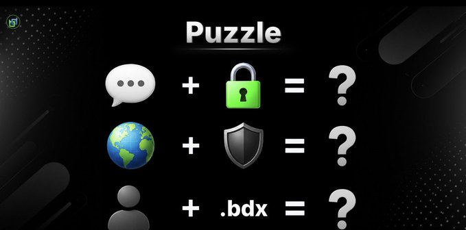 A graphic titled 'Puzzle' displaying three visual equations: a speech bubble plus a padlock equals a question mark, a globe plus a shield equals a question mark, and a user icon plus '.bdx' equals a question mark.