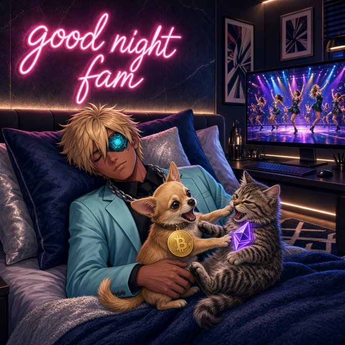 A digital anime-style illustration shows a blond man with a glowing blue eye resting in bed with a dog and a cat, beneath a pink neon 'good night fam' sign and a TV displaying dancers.