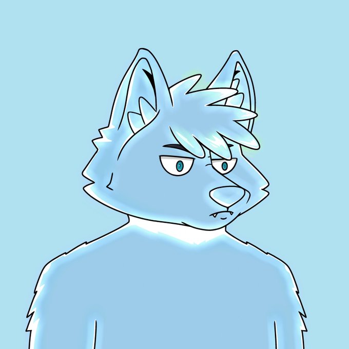 A digital illustration of a blue anthropomorphic wolf or canine character with a bored or unimpressed expression against a light blue background.