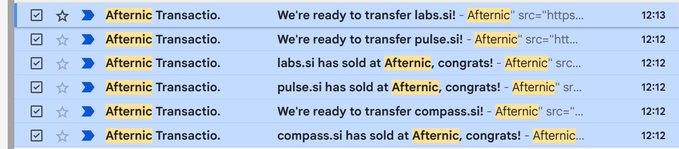 Multiple Gmail notifications from Afternic confirm rapid .si domain transfers, including "labs.si!," "pulse.si," and "compass.si," all marked as sold in quick succession at 12:12-12:13. This aligns with the post's claim of over $12,000 in .si domain sales occurring within just one minute.