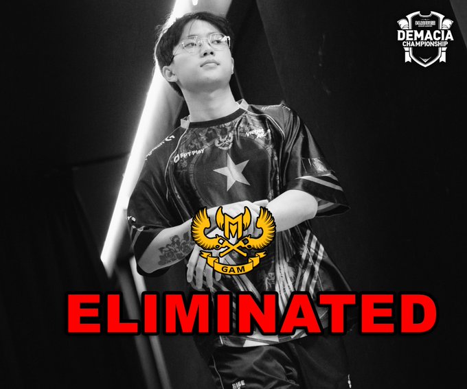 A black-and-white promotional image shows a person in glasses wearing a jersey, with a 'GAM' team logo and the red word 'ELIMINATED' overlaid, along with a 'Demacia Championship' logo in the corner.