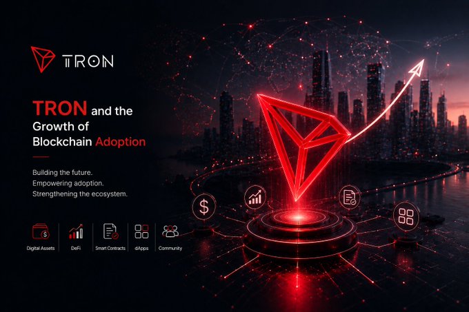 A promotional graphic for 'TRON and the Growth of Blockchain Adoption' featuring a red TRON logo, an upward arrow, and a cityscape, highlighting Digital Assets, DeFi, Smart Contracts, dApps, and Community.