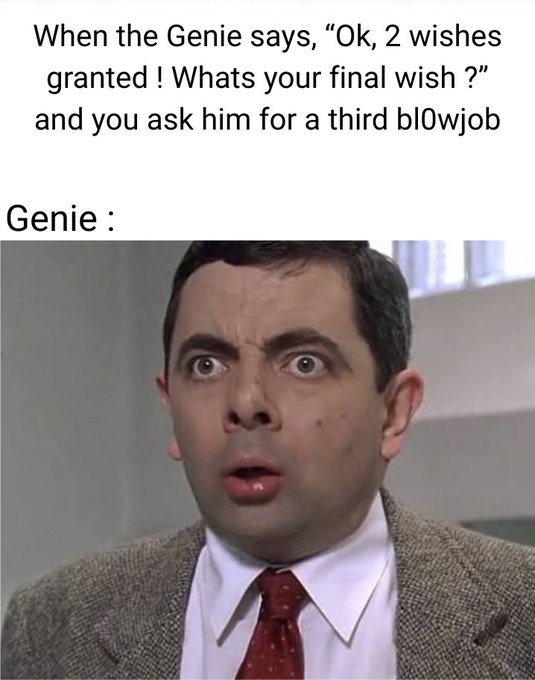 A meme features the iconic wide-eyed "shocked Mr. Bean" face with text reading: "When the Genie says, 'Ok, 2 wishes granted! Whats your final wish?' and you ask him for a third bl0wjob" followed by "Genie:". The crude shock-joke format has no relation to the accompanying post about accumulating the $YAP token, serving purely as unrelated humor for engagement.