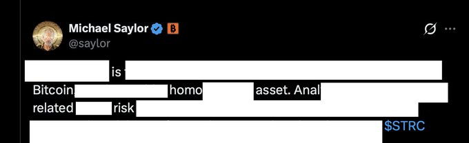 A post by Michael Saylor (@saylor) on X with partially redacted text about Bitcoin being a 'homo' asset with 'Anal' related risk, mentioning $STRC.