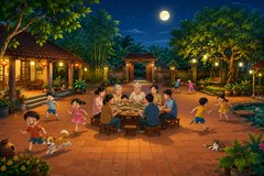 A colorful illustration of a family gathered around a dinner table outdoors at night under a full moon, with a child playing in the background.