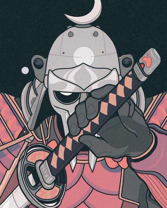 A digital drawing of an armored character or robot holding the hilt of a katana; the helmet features a crescent moon and a moon-shaped visor, with the character's red shoulder armor covered in a pattern of small dog faces.