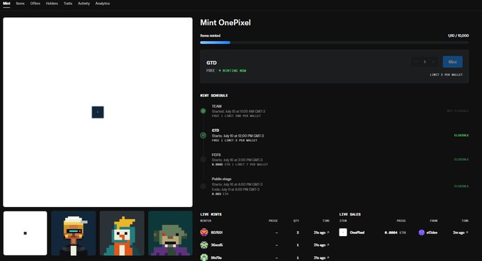A pixel art NFT marketplace interface for 'Mint OnePixel' with a mint schedule, showing live mints and live sales for characters like GOOBOT, SteveN, and MeZilla.