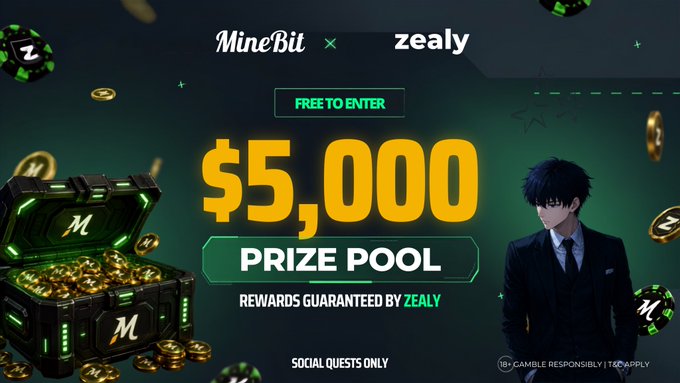 Promotional banner for a MineBit × Zealy collaboration campaign offering a $5,000 free-to-enter prize pool split among 200 participants who complete social quests, featuring a green-themed design with a treasure chest of gold coins and an anime-styled character on the right.